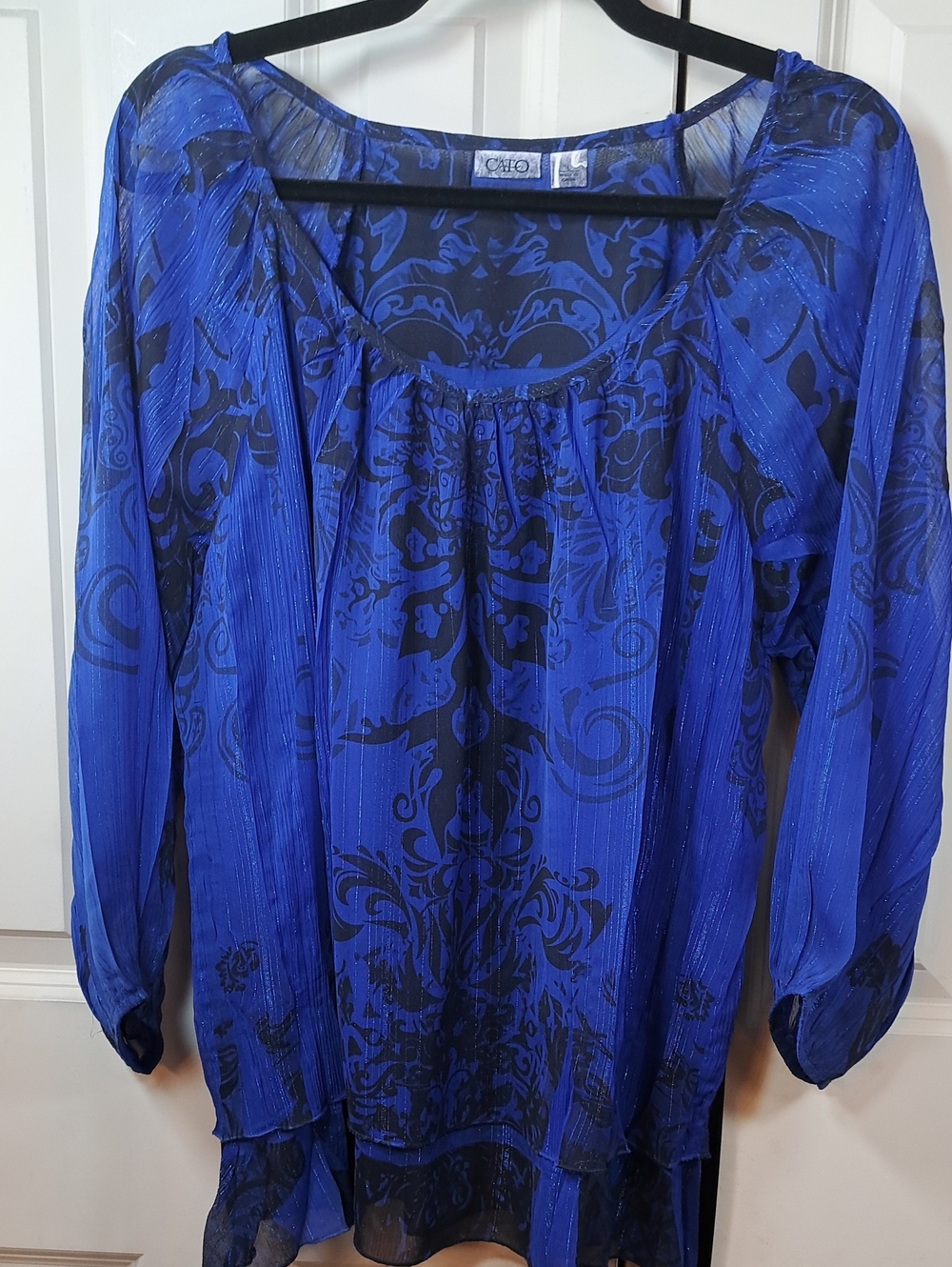 Cato Blue Sheer Boho Blouse with Black Print